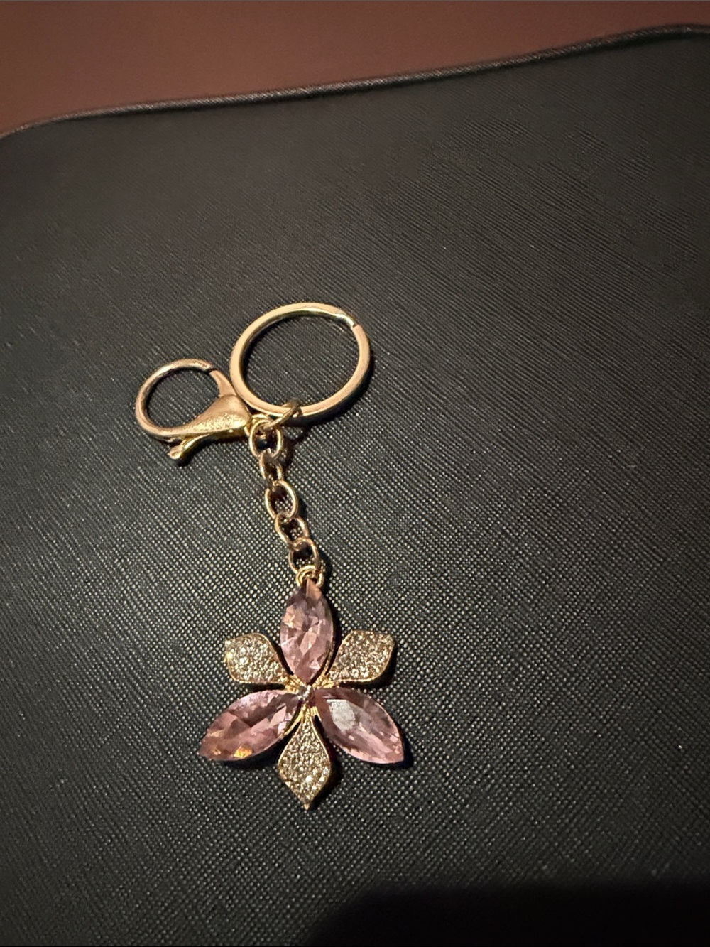 Gold Tone Pink Crystal Flower Keychain